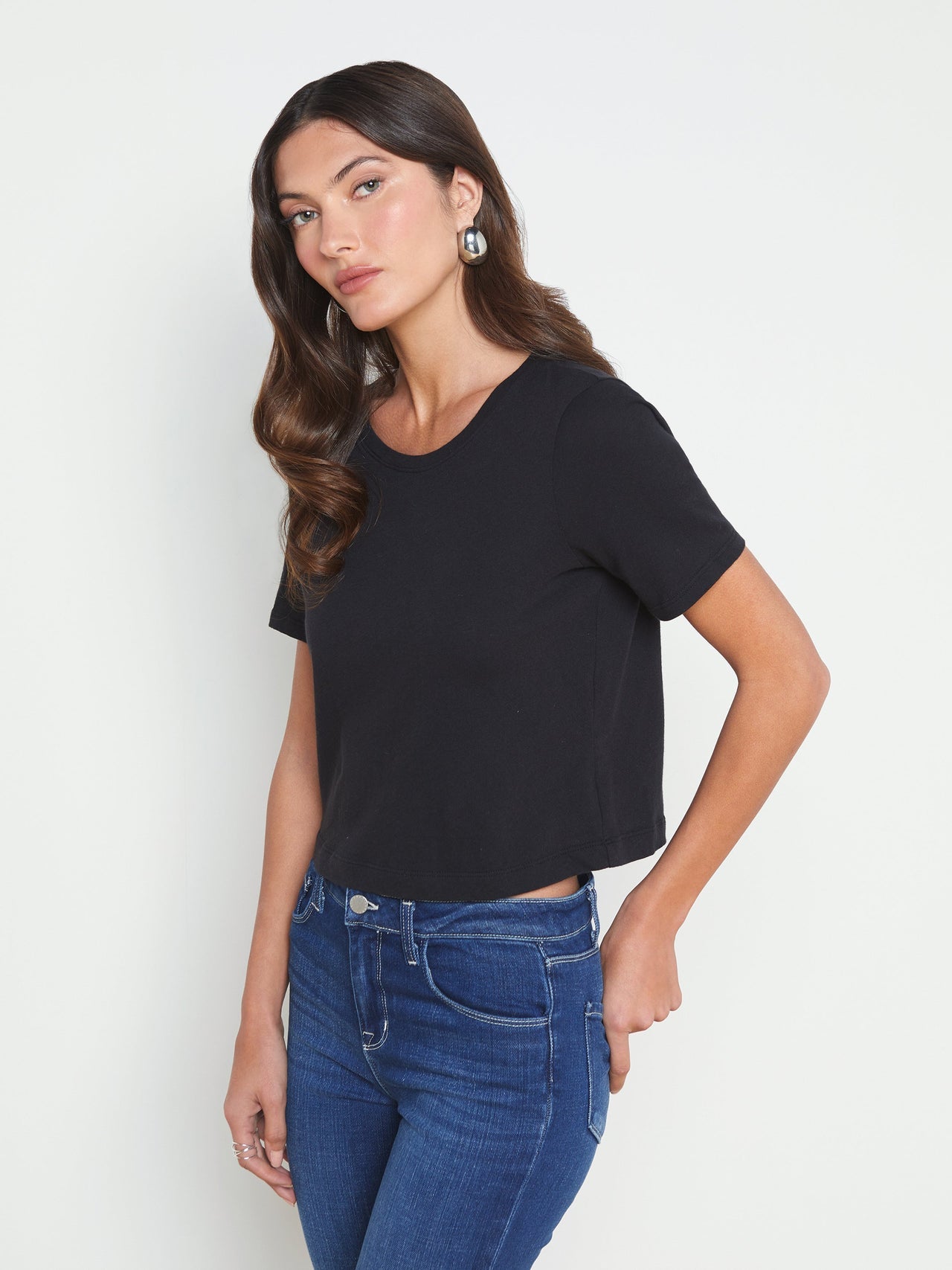 Donna Cotton Cropped Tee in Black | L'AGENCE Women