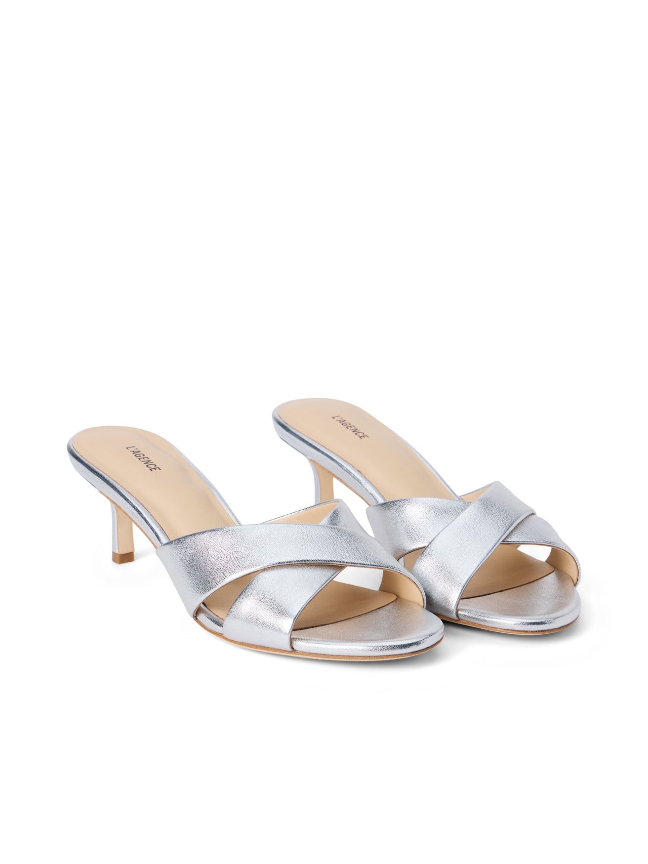 Aveline Kitten-Heel Sandal in Silver Leather | L'AGENCE sale