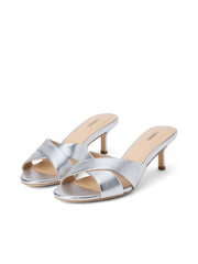 Aveline Kitten-Heel Sandal in Silver Leather | L'AGENCE sale