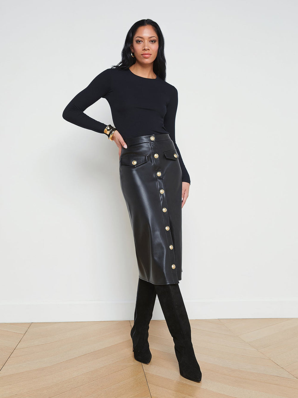 Milann Vegan Leather Skirt in Black | L'AGENCE US