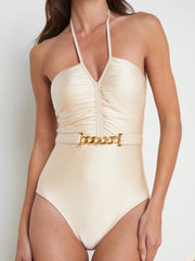 Leila Halter One-Piece Swimsuit in Champagne | L'AGENCE Women