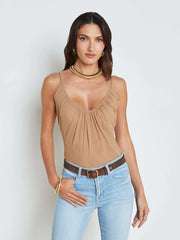 Gelina Ruched Bodysuit in Dark Cappuccino | L'AGENCE for sale