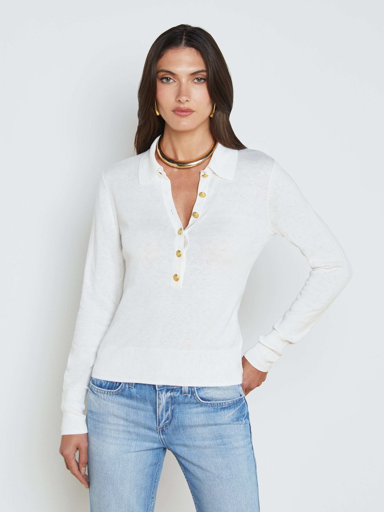 Sterling Long Sleeve Sweater in White/Gold | L'AGENCE near me