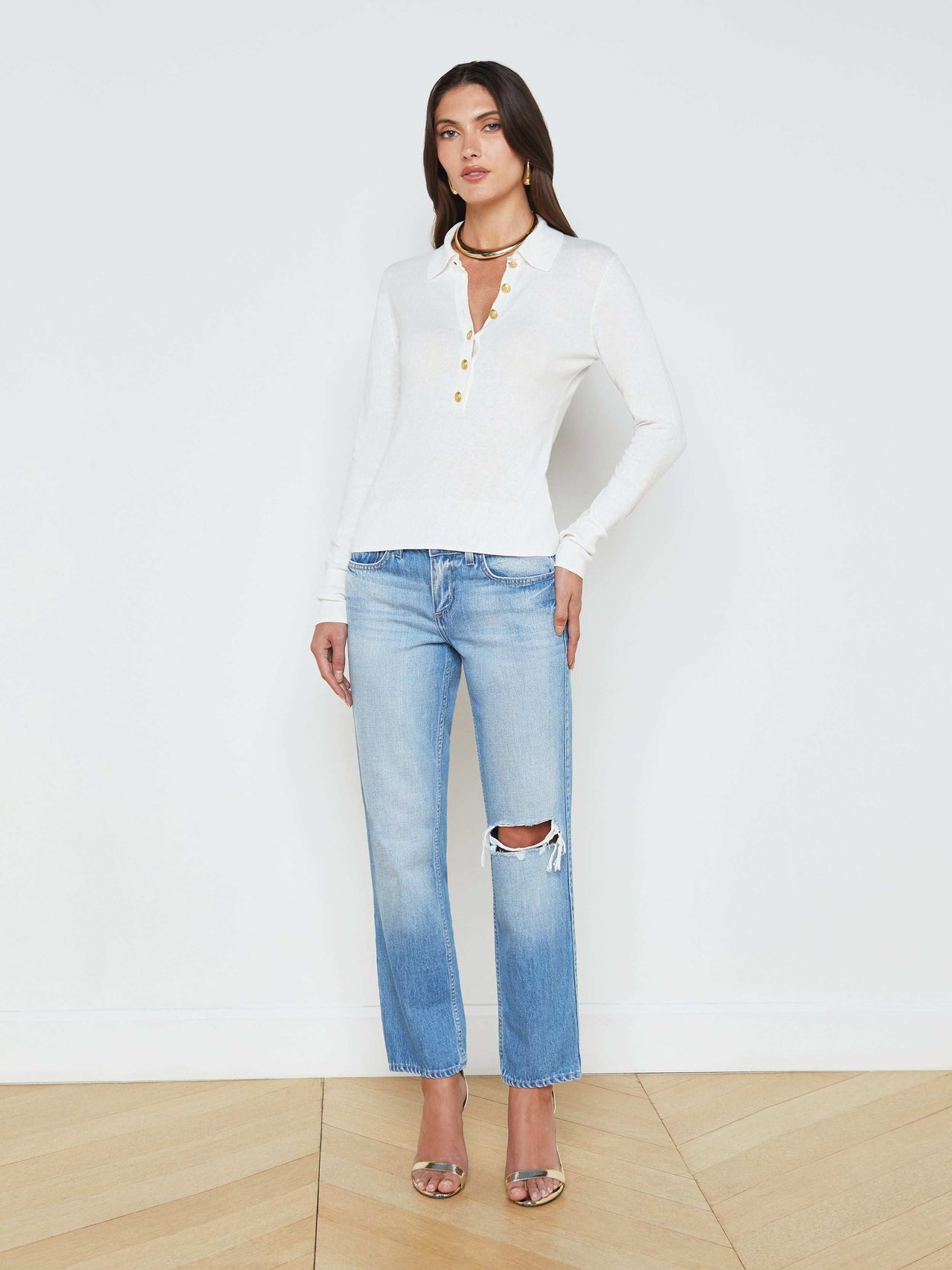 Sterling Long Sleeve Sweater in White/Gold | L'AGENCE near me