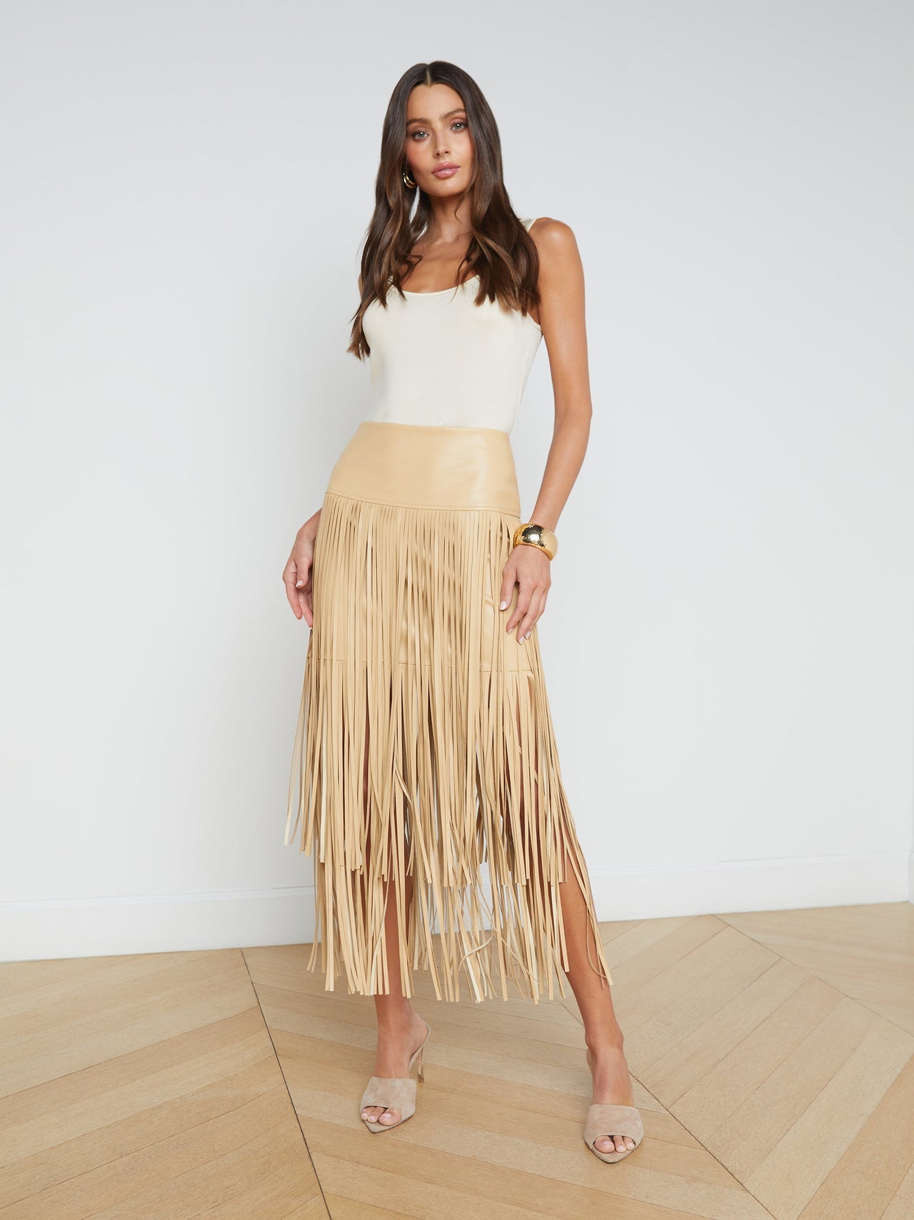 Karolina Vegan Leather Fringe Skirt in Croissant | L'AGENCE near me