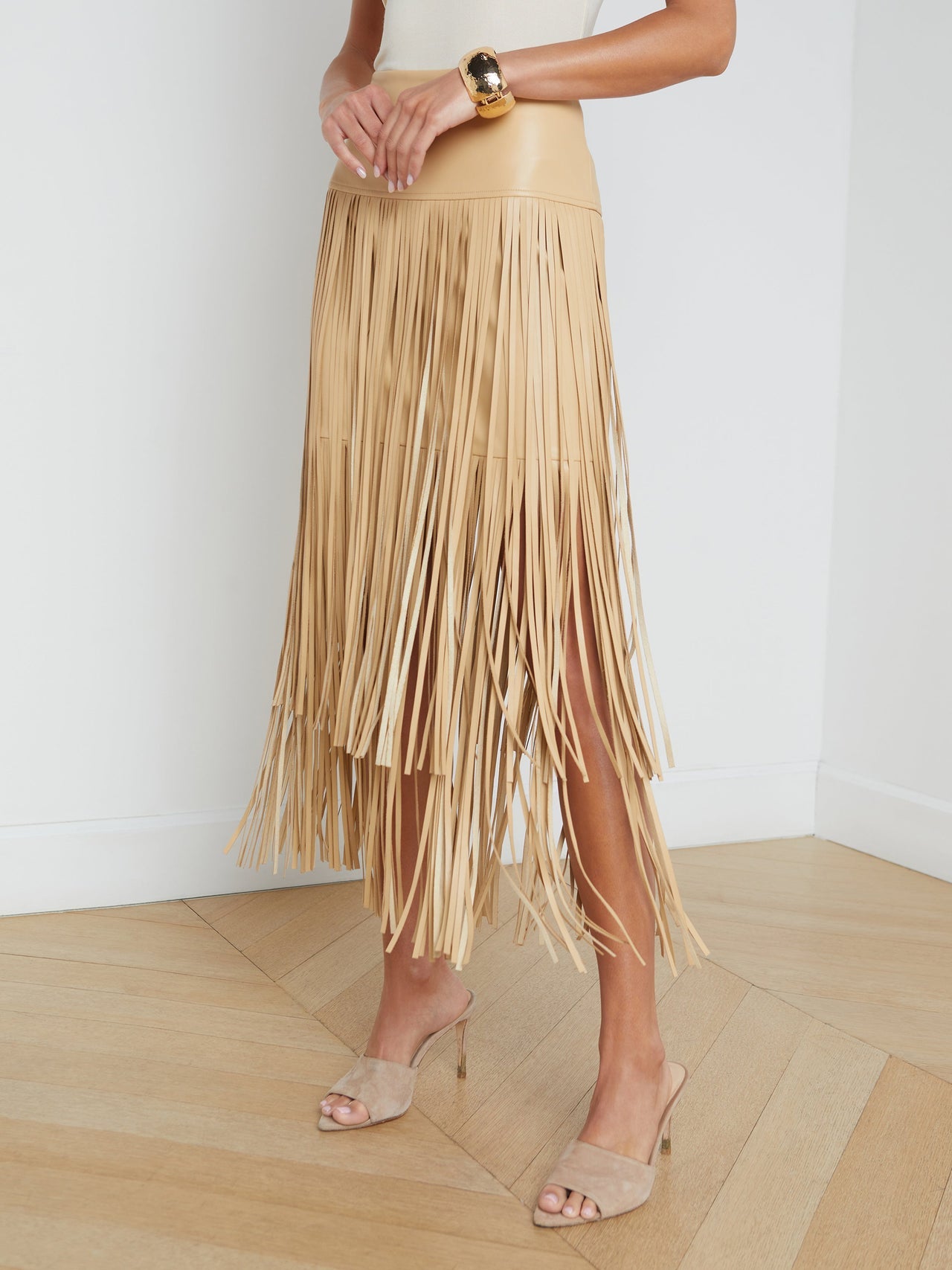 Karolina Vegan Leather Fringe Skirt in Croissant | L'AGENCE near me