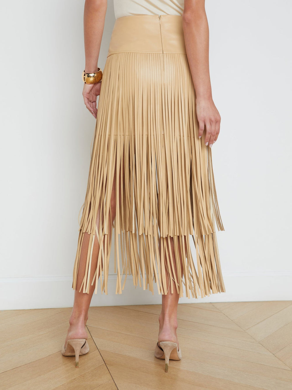 Karolina Vegan Leather Fringe Skirt in Croissant | L'AGENCE near me