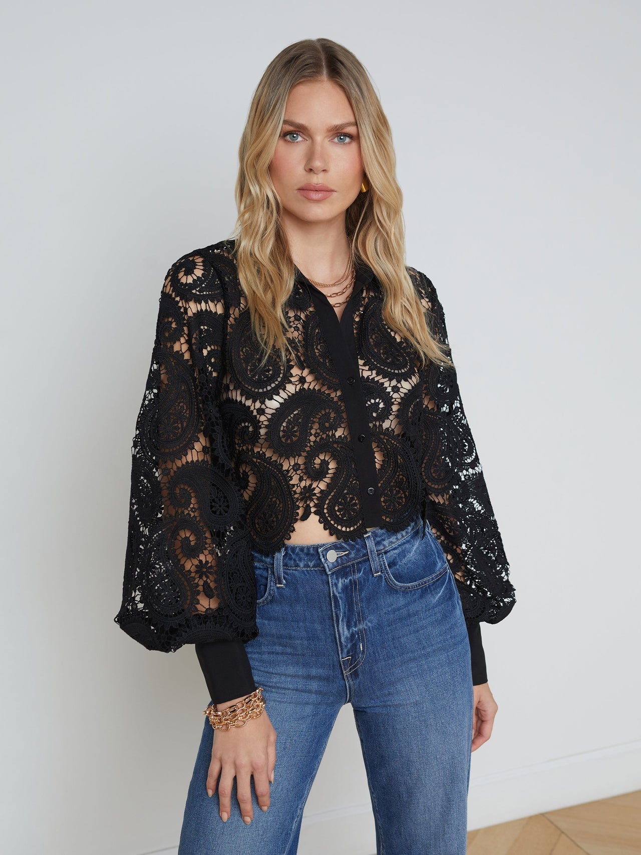 Odelia Cropped Paisley Lace Blouse in Black | L'AGENCE sale