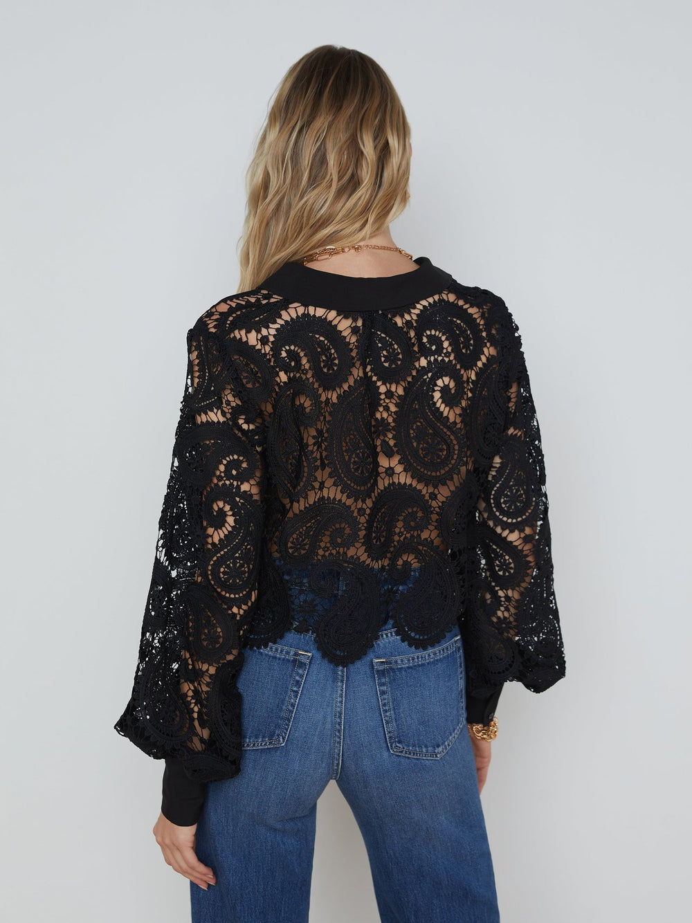 Odelia Cropped Paisley Lace Blouse in Black | L'AGENCE sale