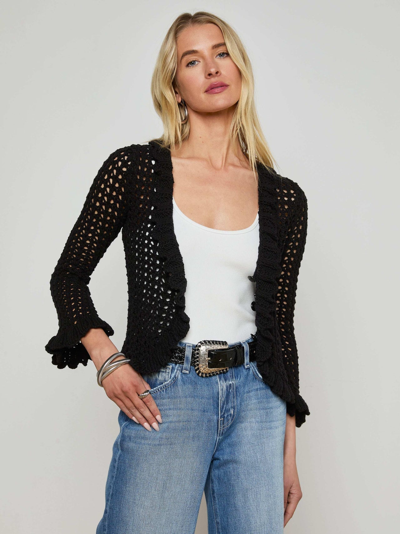 Solaris Crocheted Cardigan in Black | L'AGENCE discount