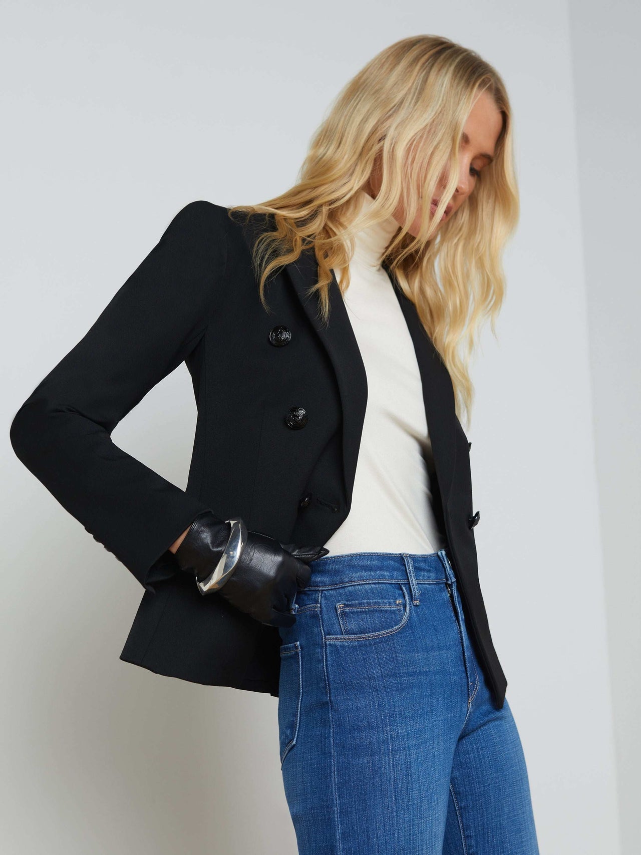 Marie Double-Breasted Slim-Fit Blazer in Black | L'AGENCE online