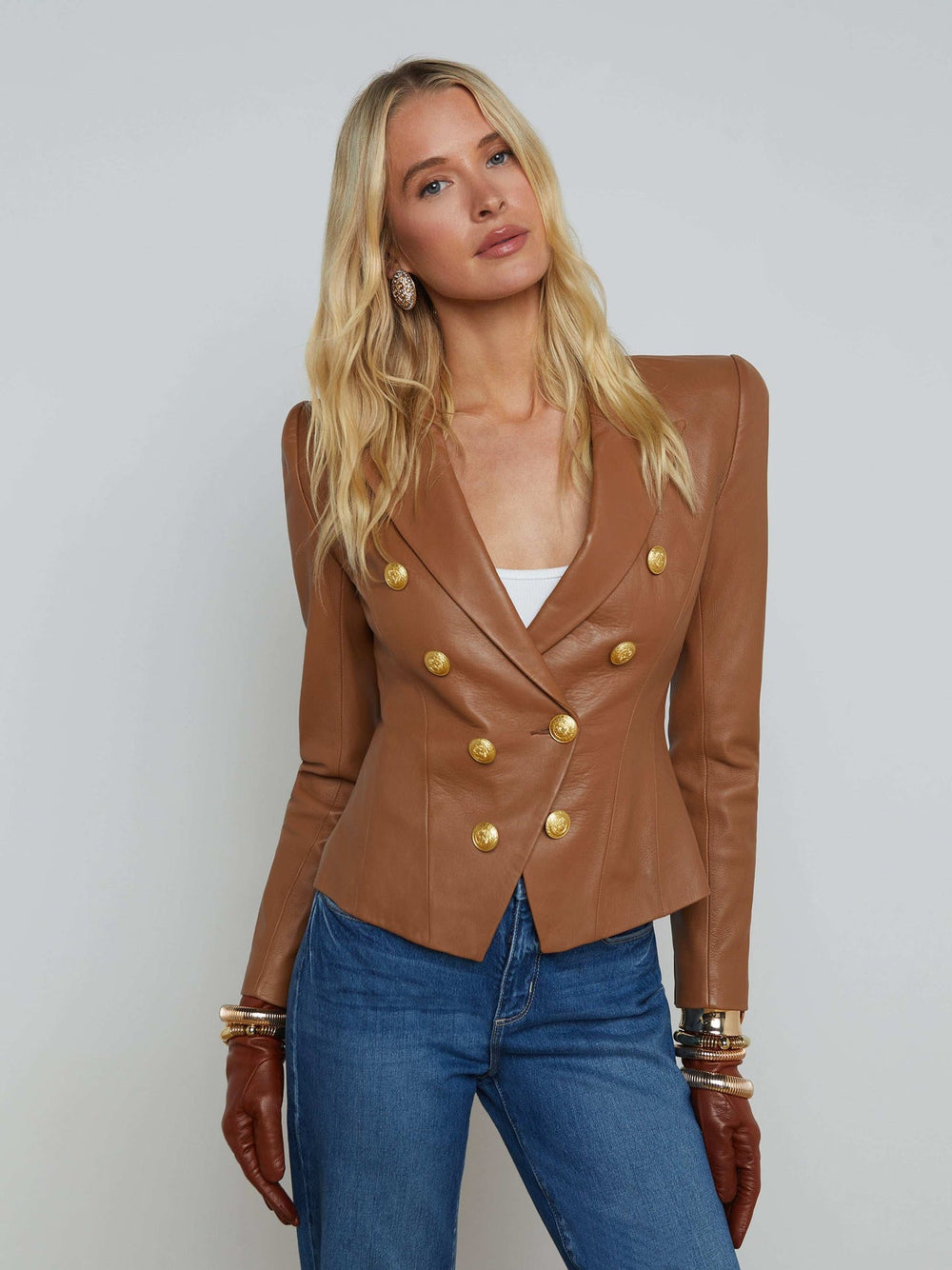 Bethany Leather Blazer in Soft Cognac | L'AGENCE sale