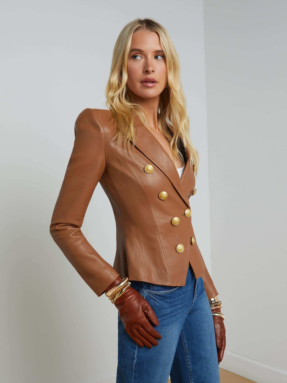 Bethany Leather Blazer in Soft Cognac | L'AGENCE sale