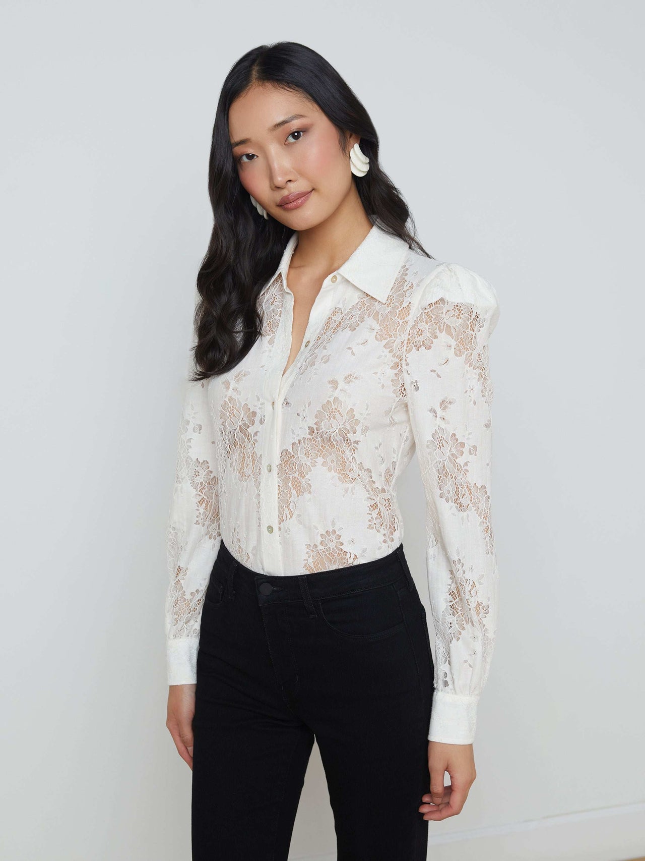 Jenica Long-Sleeve Lace Button-Down Blouse in Ivory | L'AGENCE near me