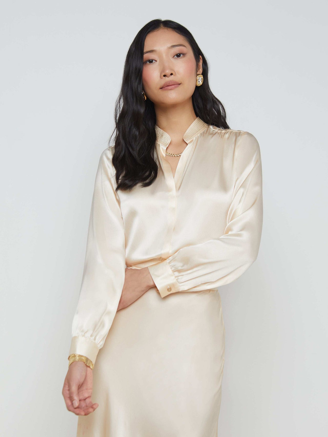 Bianca Long-Sleeve Silk Blouse in Pearl | L'AGENCE Women