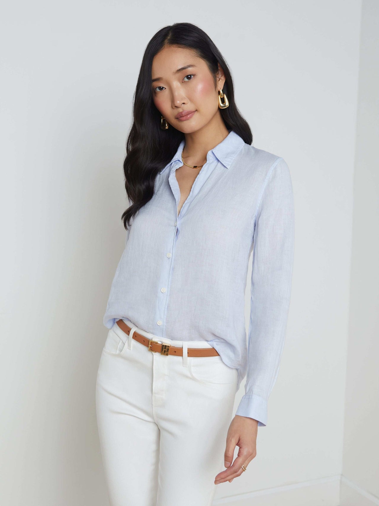 Tyler Long Sleeve Linen Blouse in Cornflower | L'AGENCE for sale