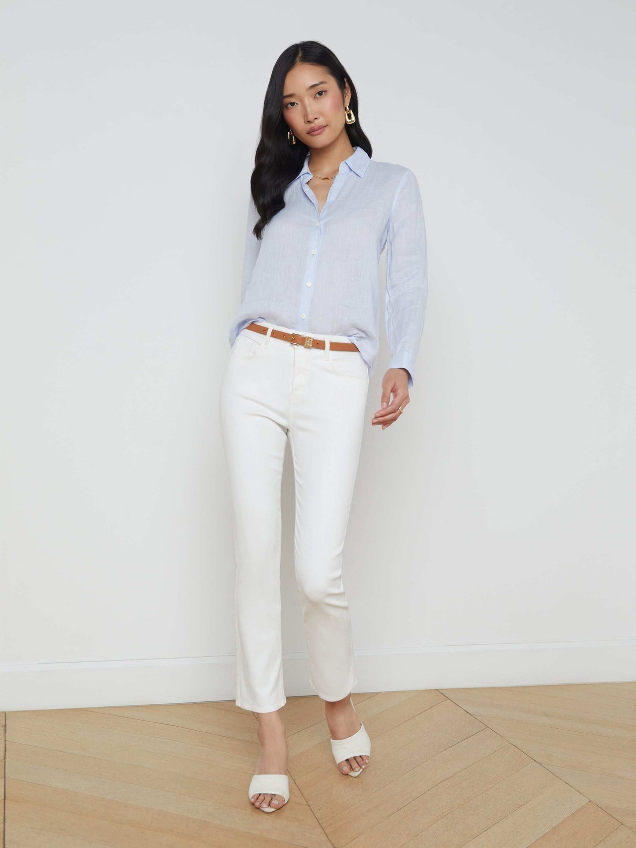 Tyler Long Sleeve Linen Blouse in Cornflower | L'AGENCE for sale