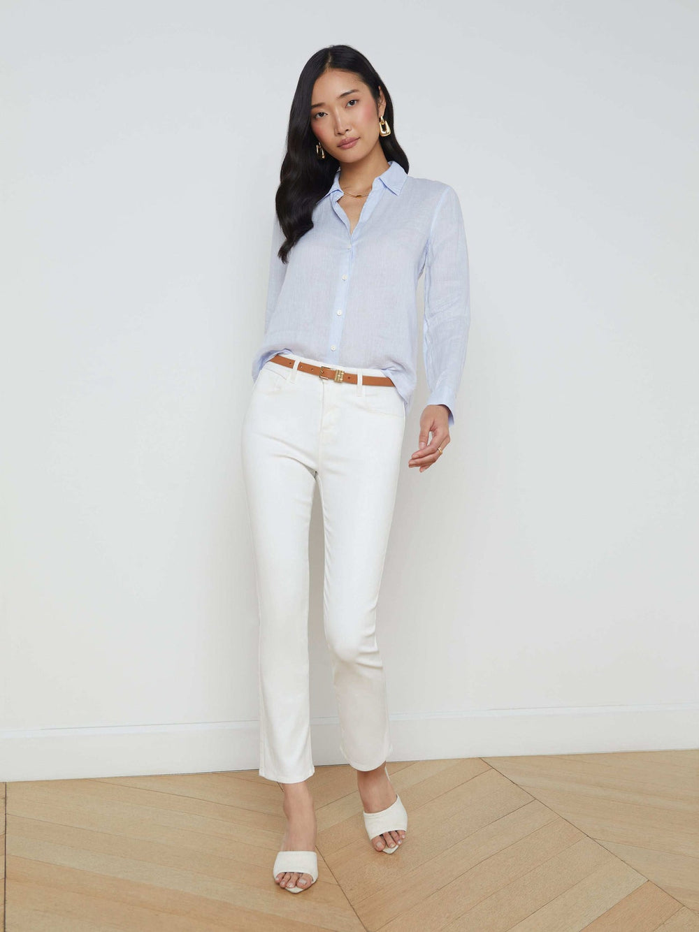 Tyler Long Sleeve Linen Blouse in Cornflower | L'AGENCE for sale