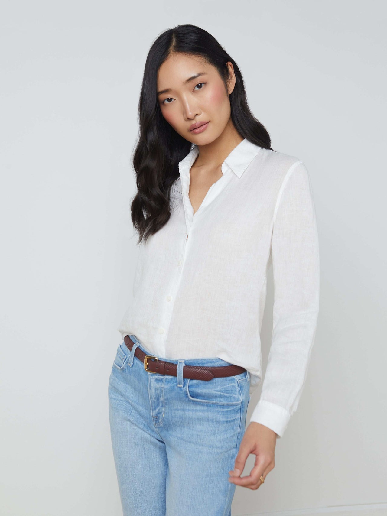 Tyler Long Sleeve Linen Blouse in White | L'AGENCE Women