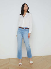 Tyler Long Sleeve Linen Blouse in White | L'AGENCE Women