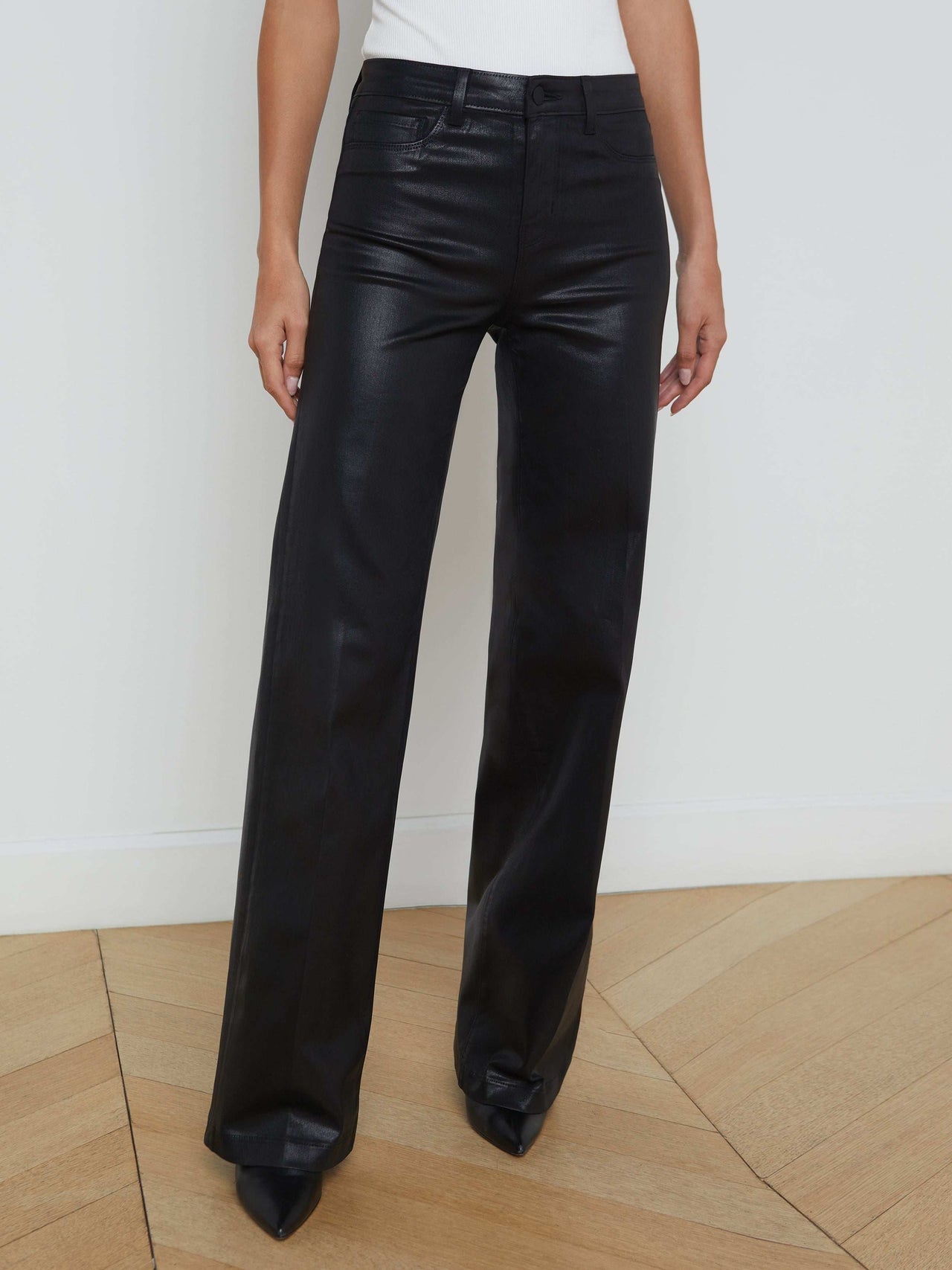 Clayton Coated High-Rise Wide-Leg Jean in Noir Coated | L'AGENCE for sale