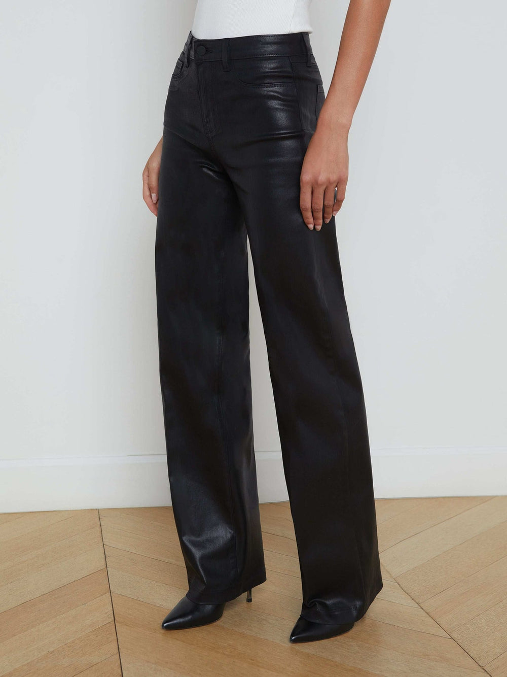 Clayton Coated High-Rise Wide-Leg Jean in Noir Coated | L'AGENCE for sale
