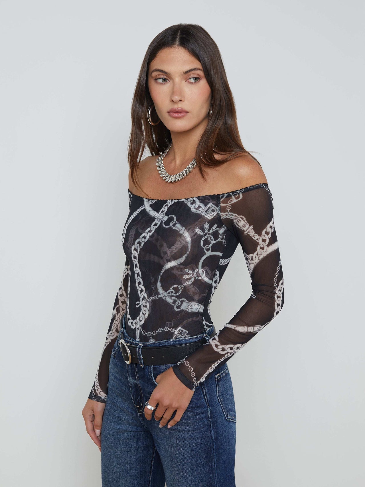 Peonie Off-The-Shoulder Bodysuit in Black/White Buckle Chain | L'AGENCE near me