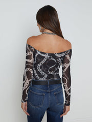 Peonie Off-The-Shoulder Bodysuit in Black/White Buckle Chain | L'AGENCE near me