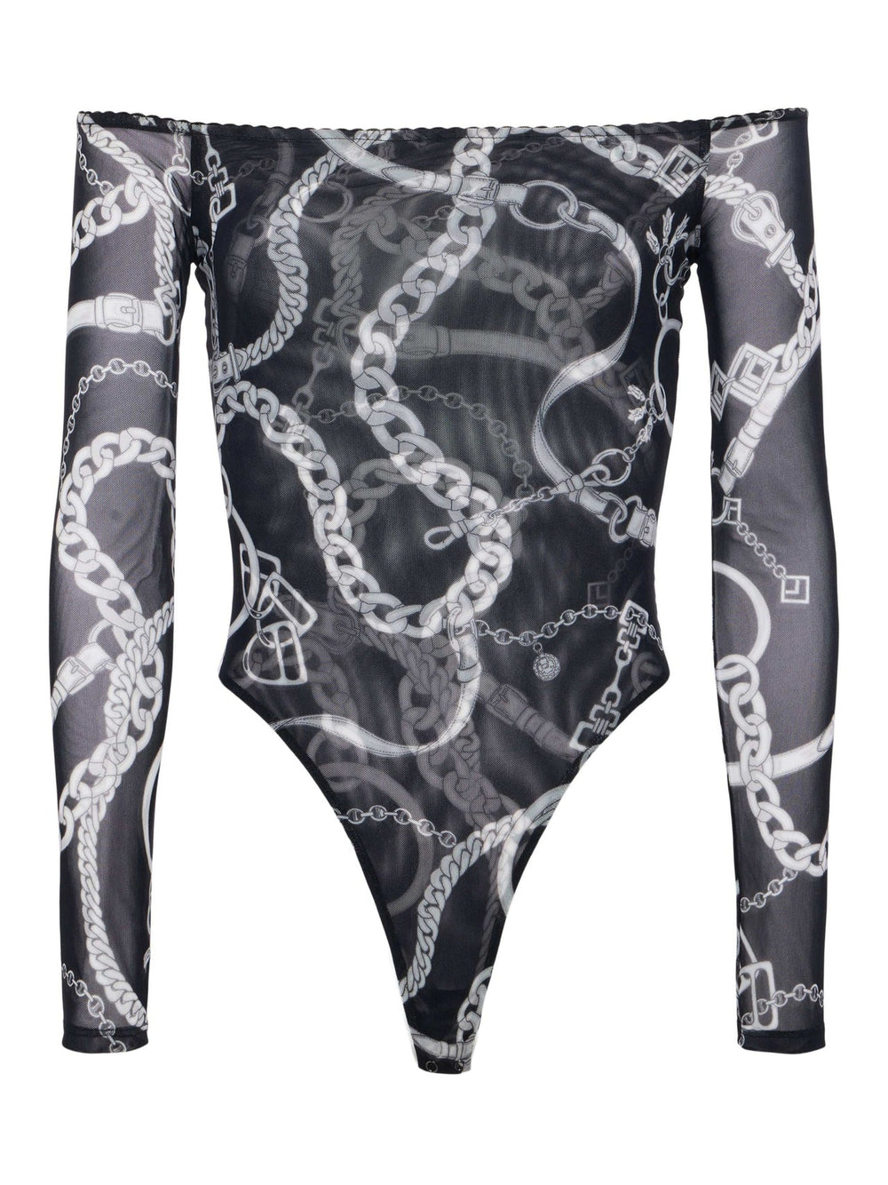 Peonie Off-The-Shoulder Bodysuit in Black/White Buckle Chain | L'AGENCE near me