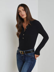 Sterling Long Sleeve Sweater in Black/Jewel Button | L'AGENCE Women