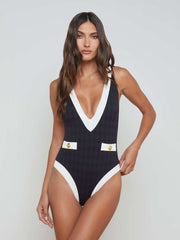Lisa Plunge One-Piece Swimsuit in Black/White | L'AGENCE US