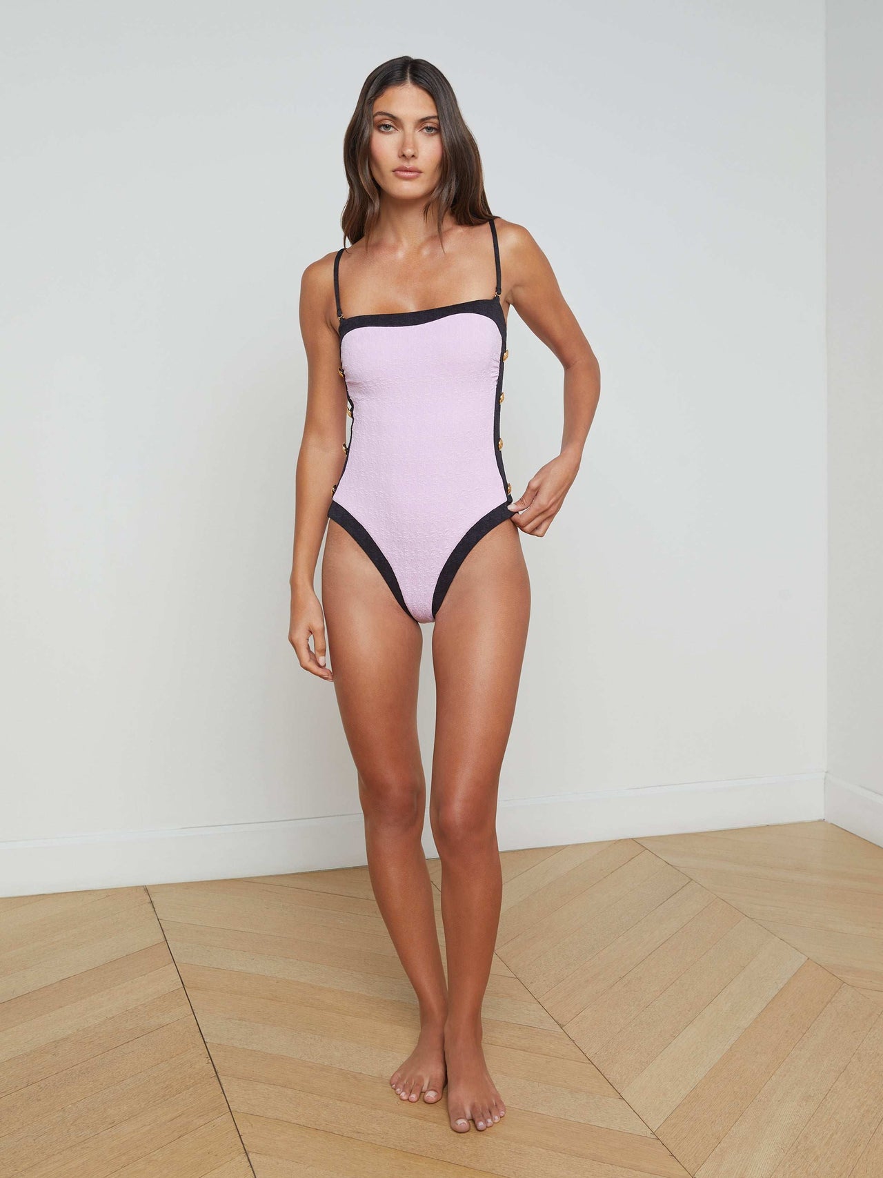 Tory Bandeau One-Piece Swimsuit in Light Violet/Black | L'AGENCE Women