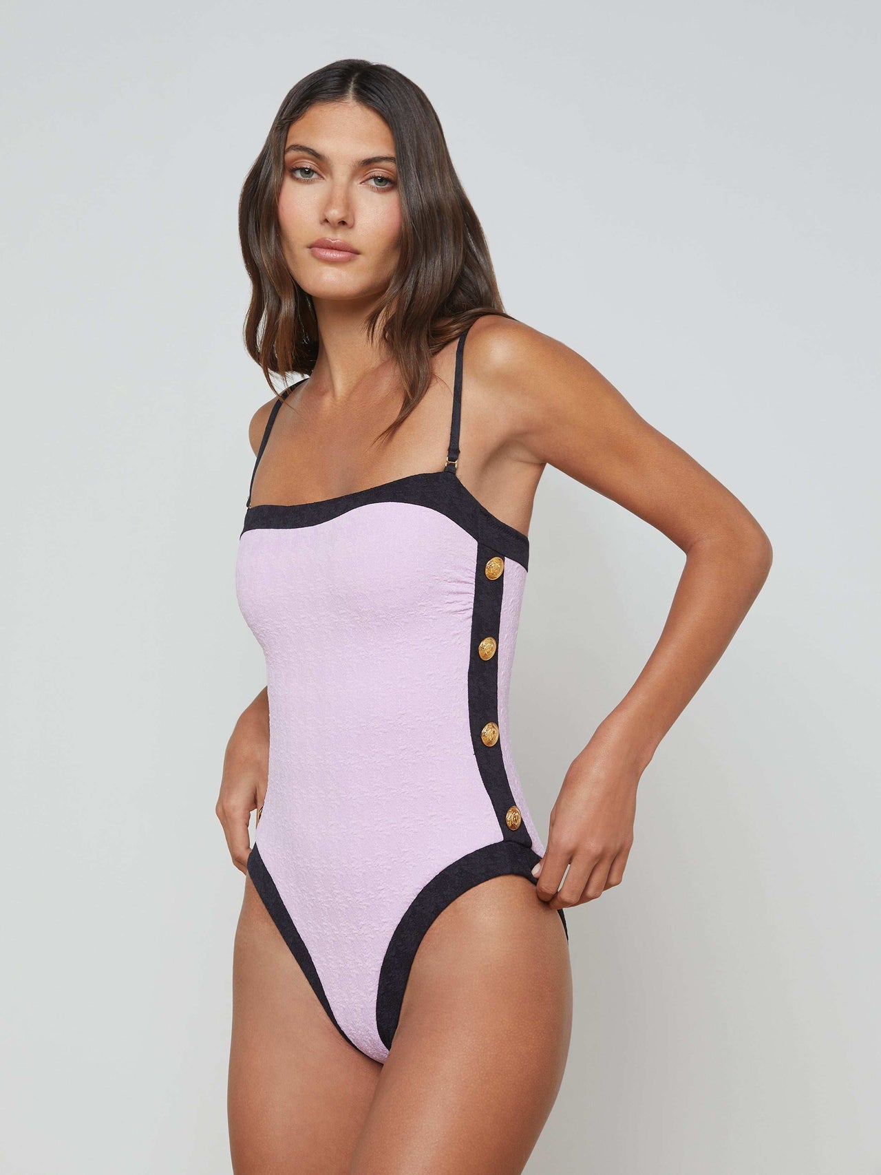 Tory Bandeau One-Piece Swimsuit in Light Violet/Black | L'AGENCE Women