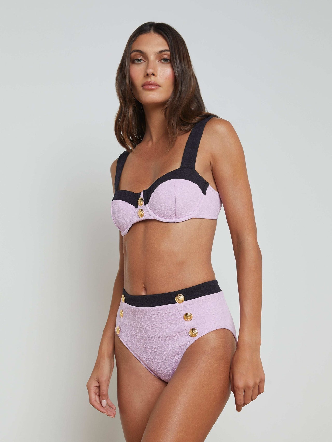 Vanessa High-Waisted Bikini Bottom in Light Violet/Black | L'AGENCE online